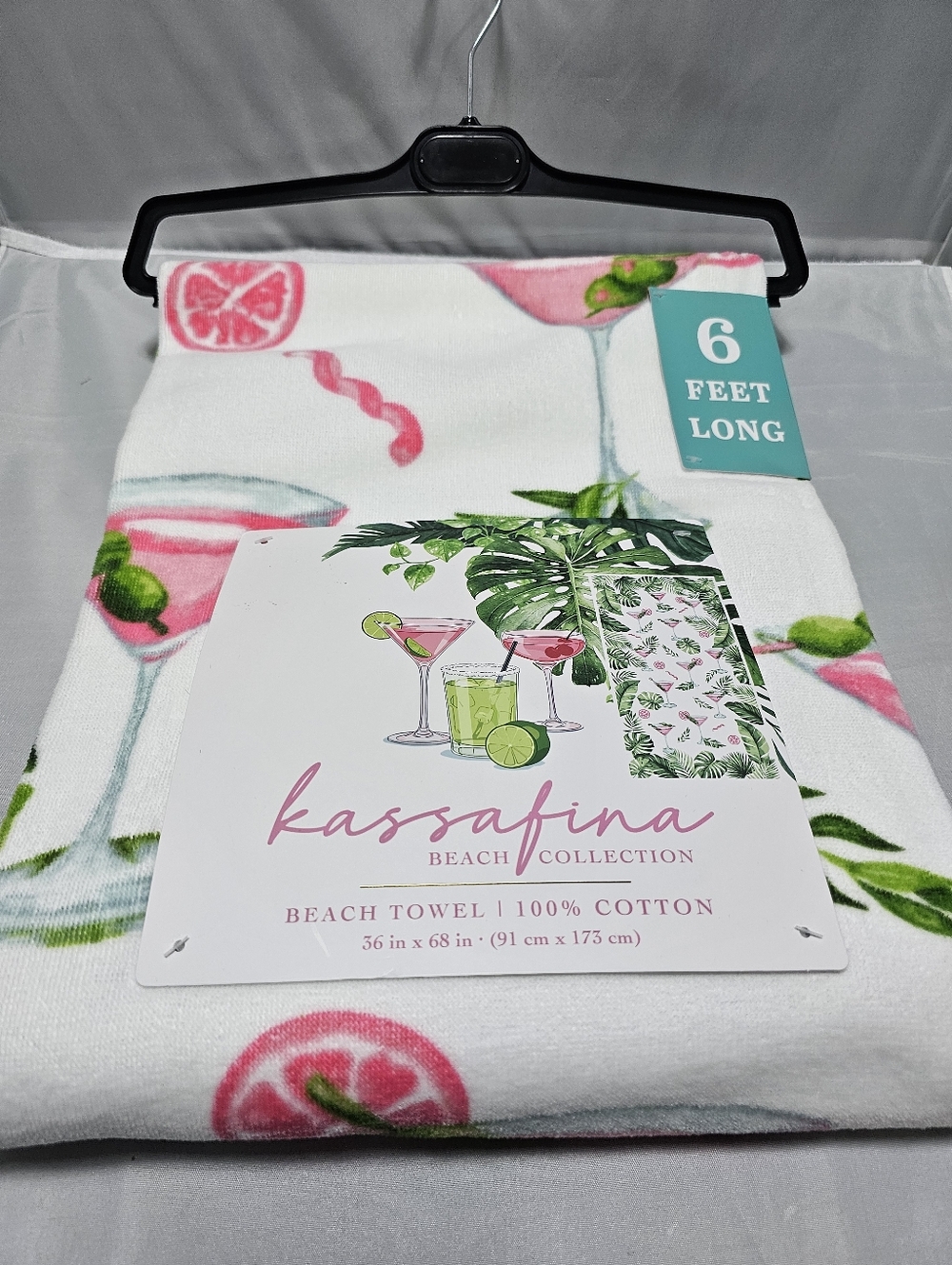 Kassafina White Cotton Beach Towel with Pink & Green Cocktail Print